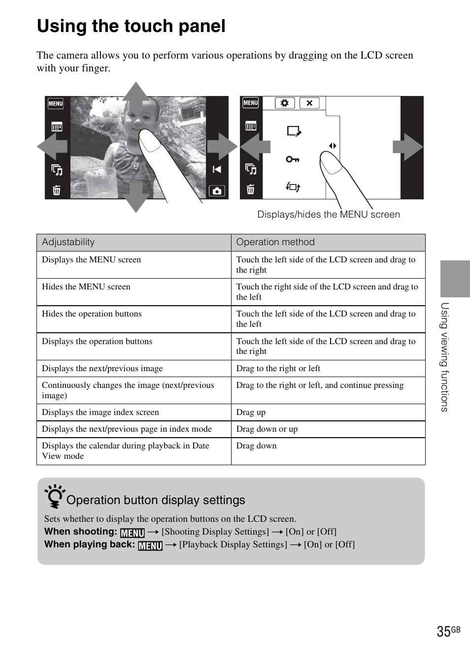 Using viewing functions, Using the touch panel, Operation button display settings | Sony DSC-TX1 User Manual | Page 35 / 116