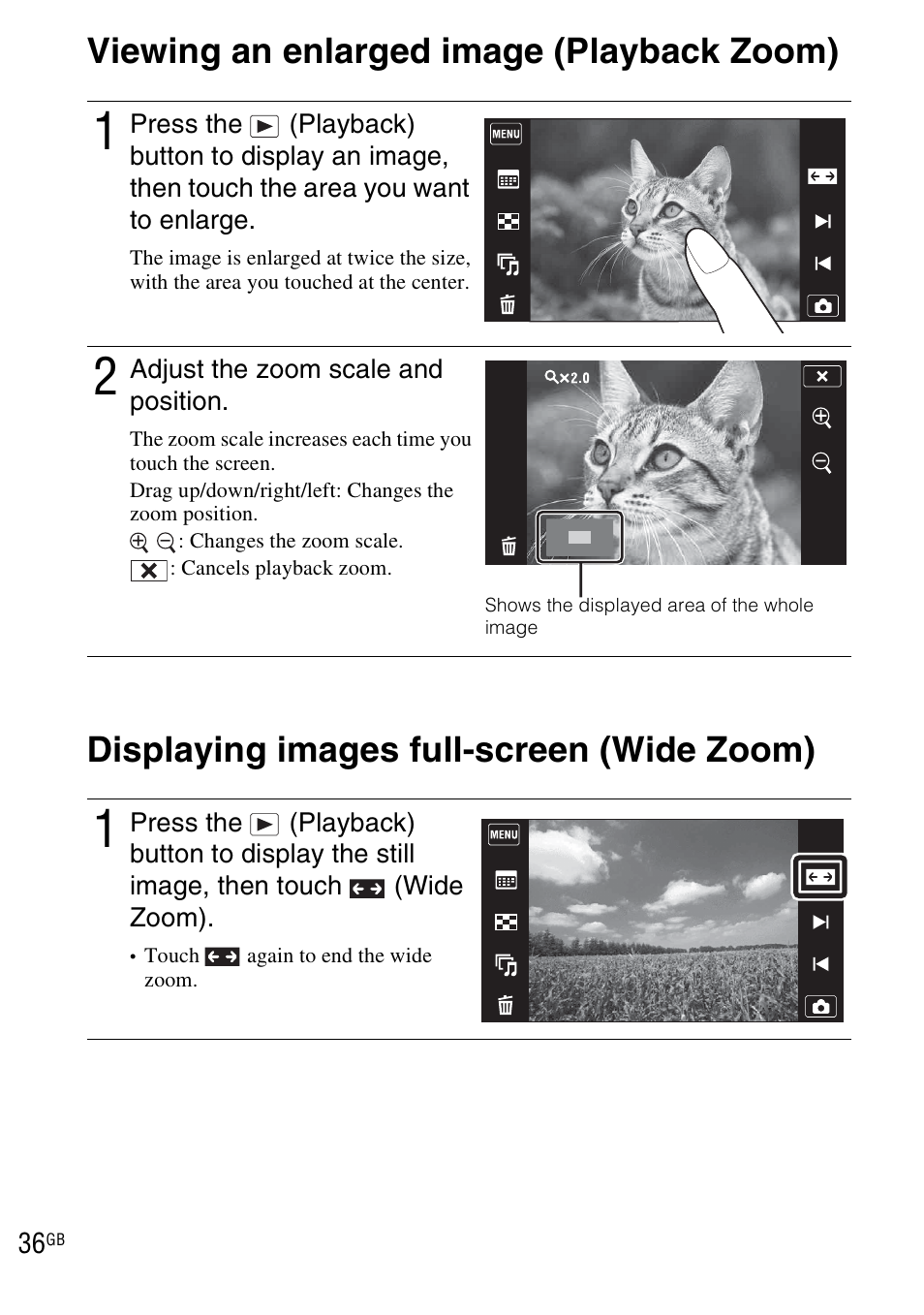 Viewing an enlarged image (playback zoom), Displaying images full-screen (wide zoom) | Sony DSC-TX1 User Manual | Page 36 / 116