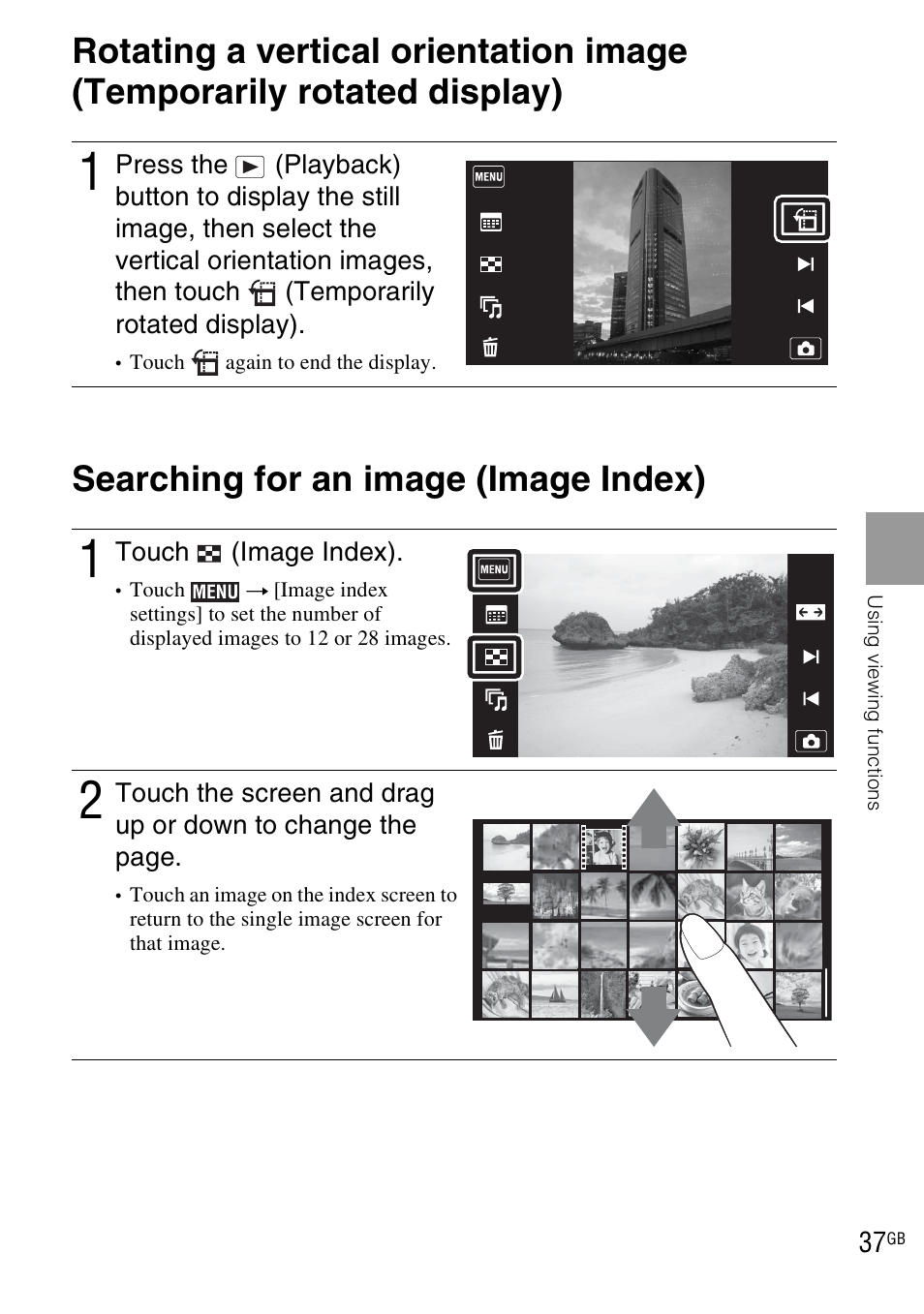 Searching for an image (image index) | Sony DSC-TX1 User Manual | Page 37 / 116