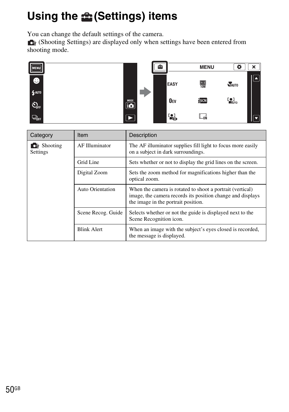 Using the (settings) items, Using the, Settings) items | Sony DSC-TX1 User Manual | Page 50 / 116