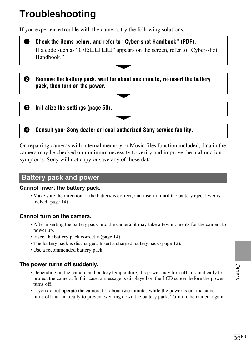 Troubleshooting, Battery pack and power | Sony DSC-TX1 User Manual | Page 55 / 116