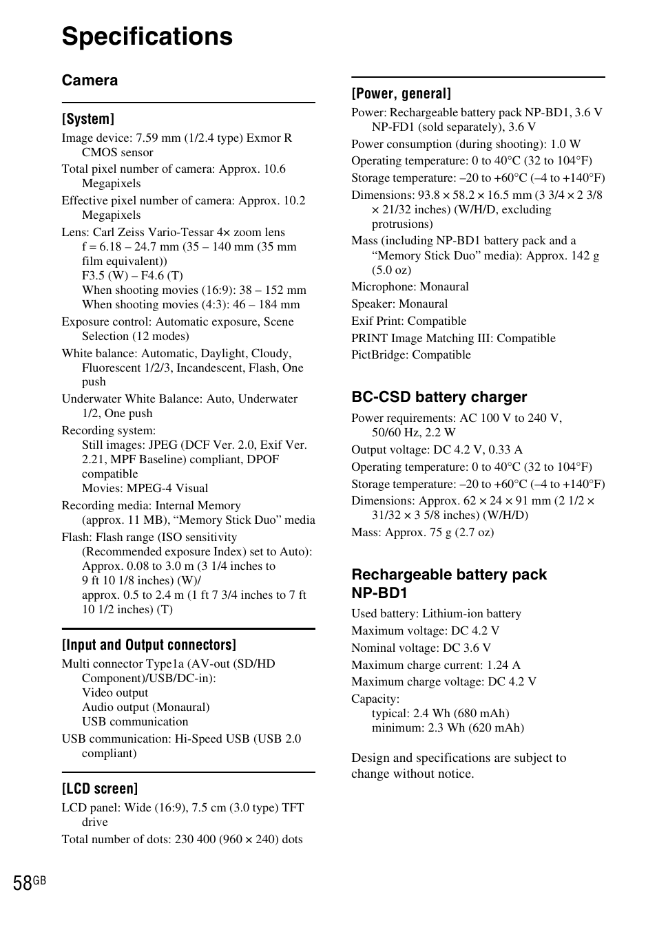 Specifications | Sony DSC-TX1 User Manual | Page 58 / 116