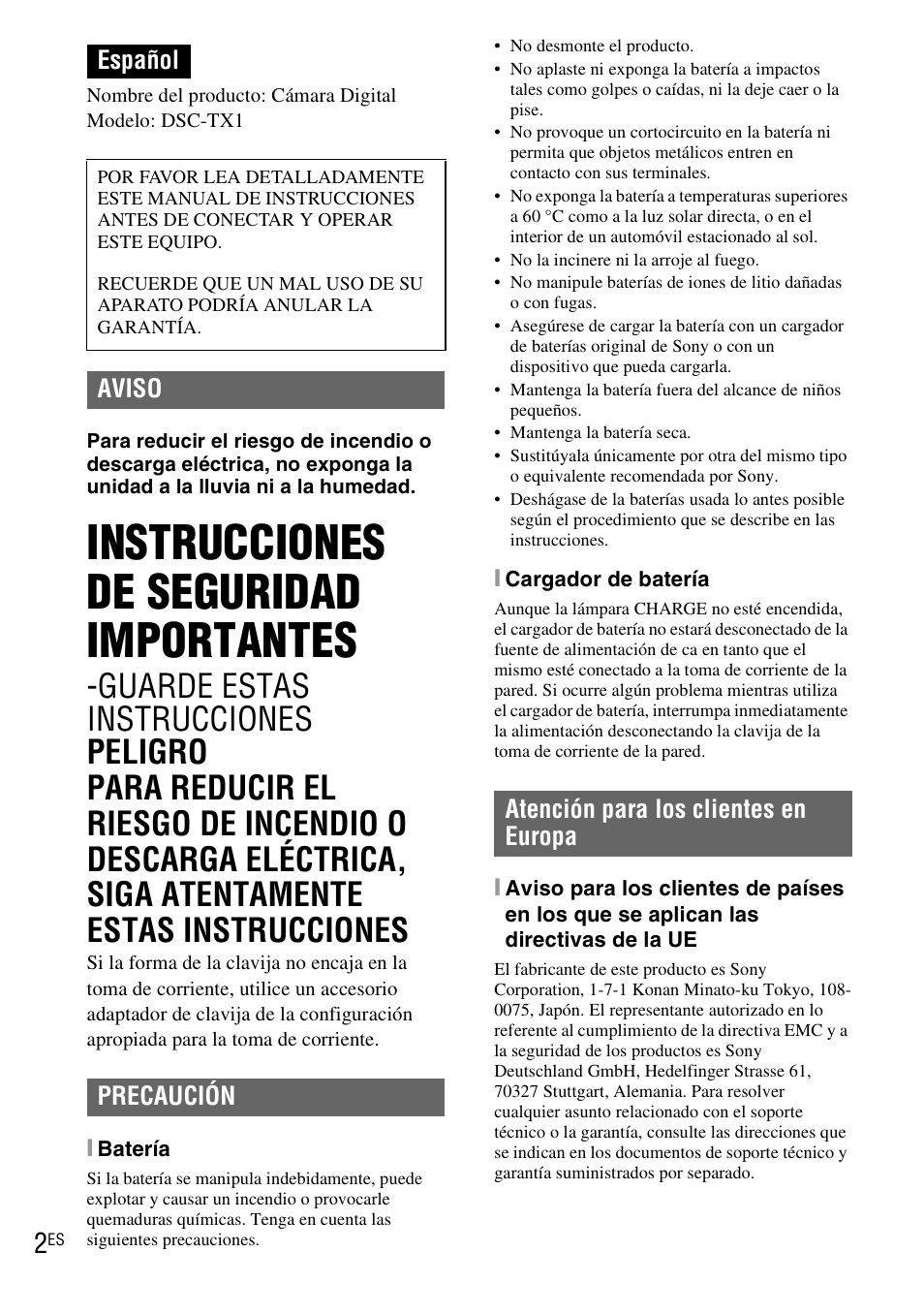 Español, Instrucciones de seguridad importantes | Sony DSC-TX1 User Manual | Page 60 / 116