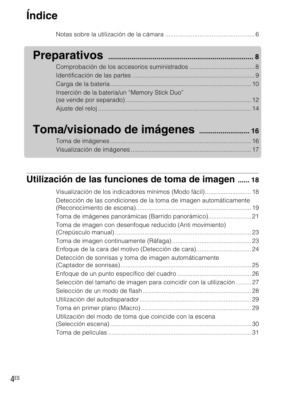 Índice, Preparativos, Toma/visionado de imágenes | Utilización de las funciones de toma de imagen | Sony DSC-TX1 User Manual | Page 62 / 116