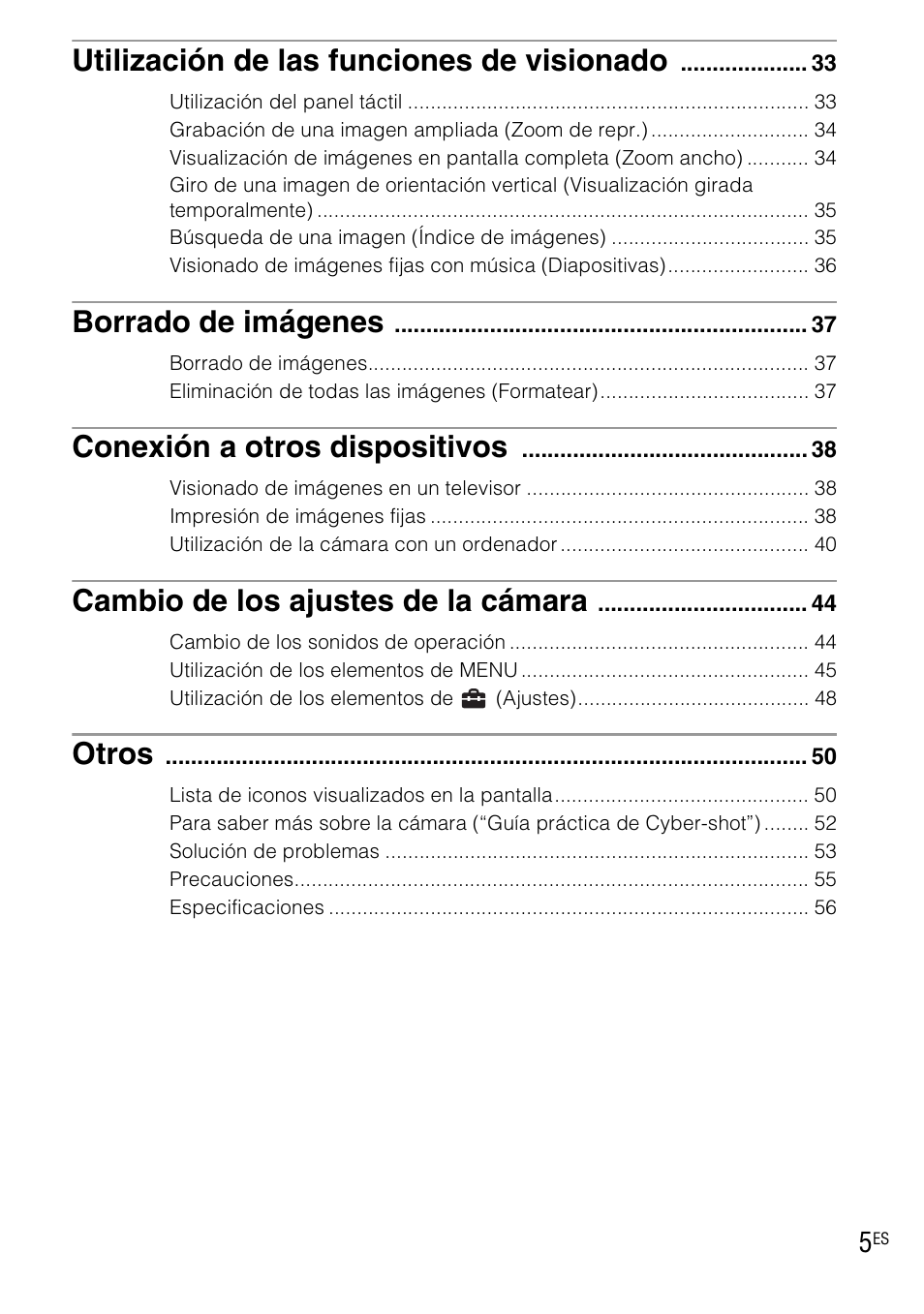 Utilización de las funciones de visionado, Borrado de imágenes, Conexión a otros dispositivos | Cambio de los ajustes de la cámara, Otros | Sony DSC-TX1 User Manual | Page 63 / 116