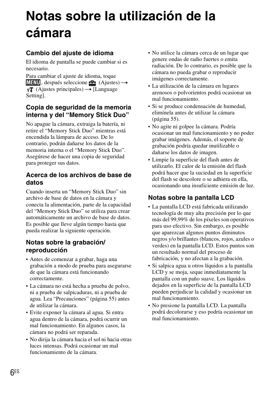 Notas sobre la utilización de la cámara | Sony DSC-TX1 User Manual | Page 64 / 116