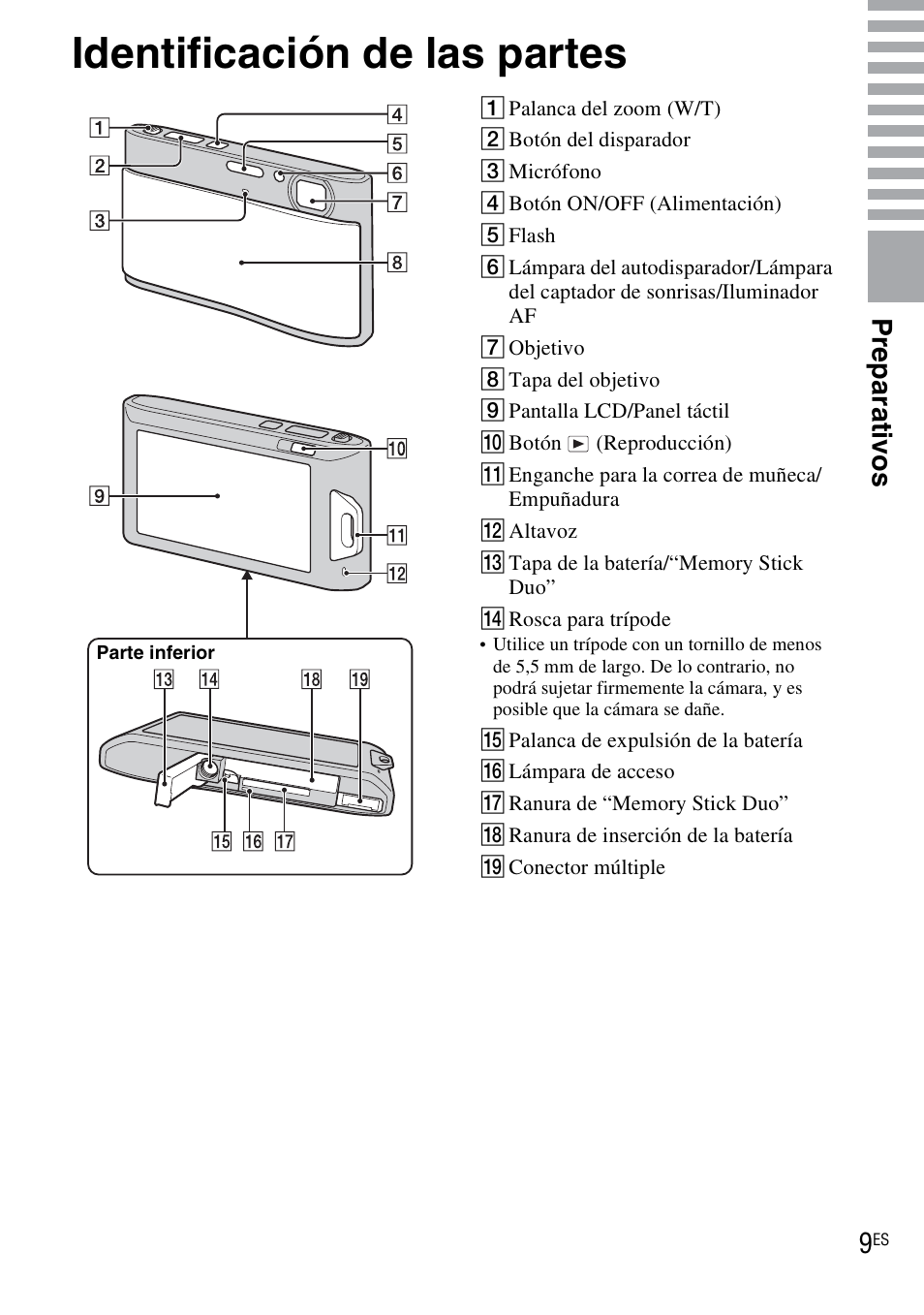 Identificación de las partes, Pr eparat ivo s | Sony DSC-TX1 User Manual | Page 67 / 116