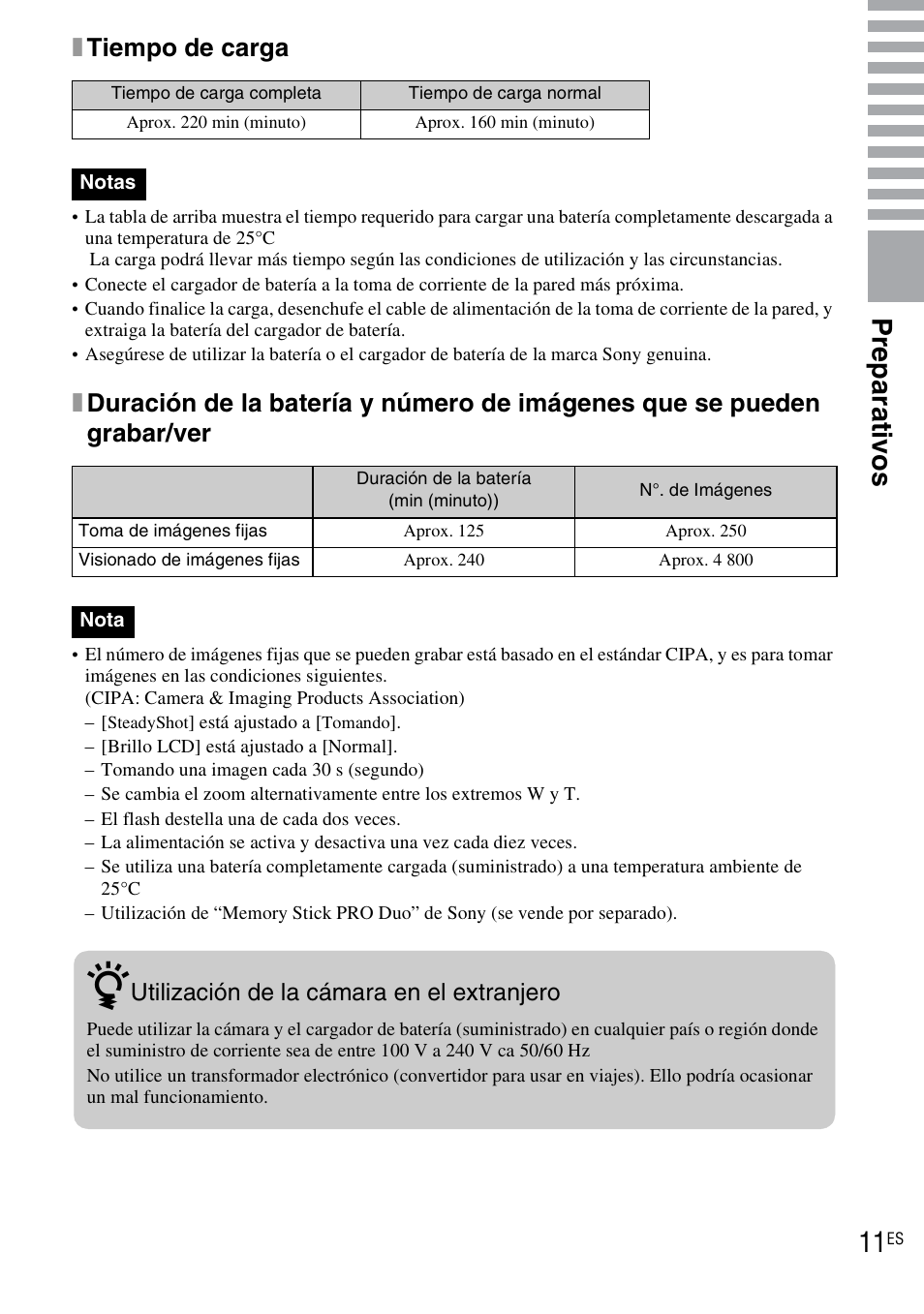 Pr eparat ivo s, Xtiempo de carga | Sony DSC-TX1 User Manual | Page 69 / 116