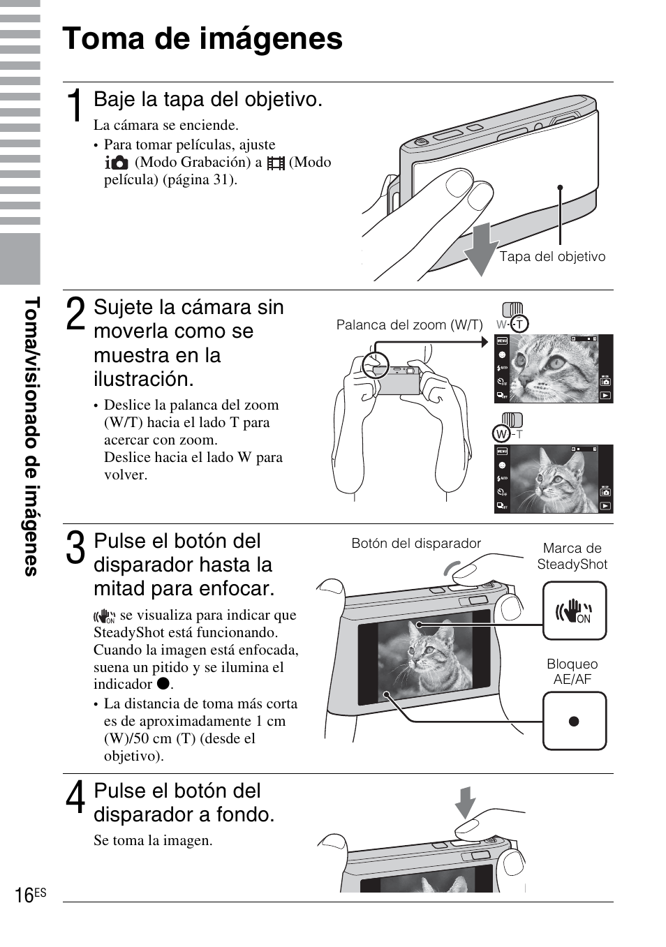 Toma/visionado de imágenes, Toma de imágenes | Sony DSC-TX1 User Manual | Page 74 / 116