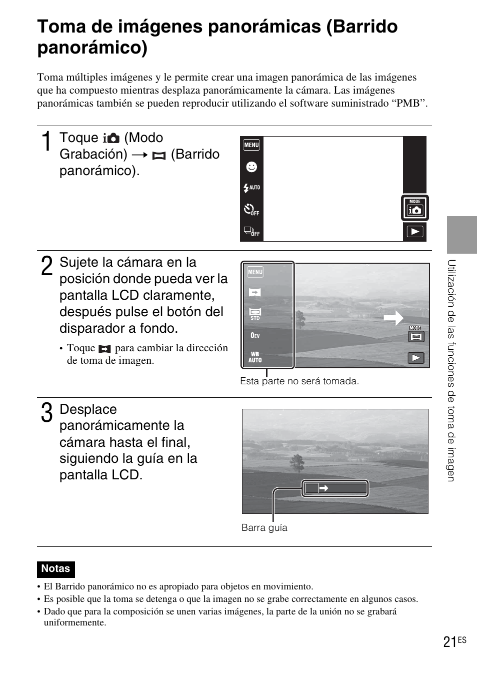 Toma de imágenes panorámicas (barrido panorámico) | Sony DSC-TX1 User Manual | Page 79 / 116