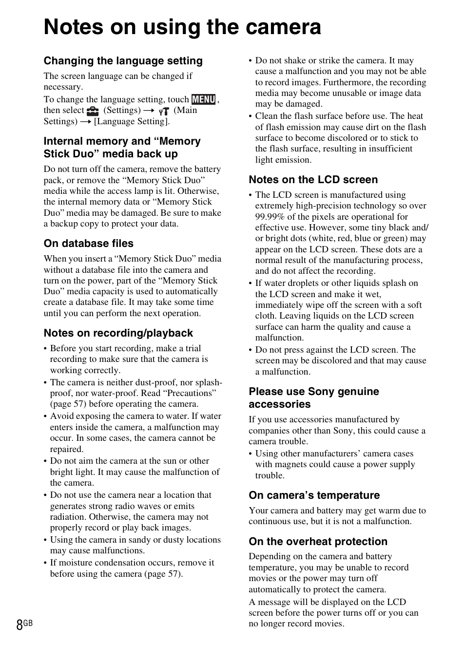 Notes on using the camera | Sony DSC-TX1 User Manual | Page 8 / 116