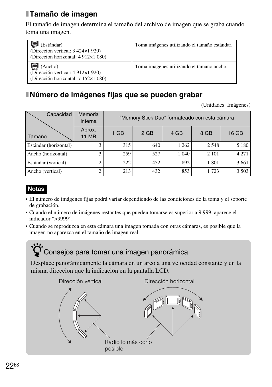 Xtamaño de imagen, Xnúmero de imágenes fijas que se pueden grabar, Consejos para tomar una imagen panorámica | Sony DSC-TX1 User Manual | Page 80 / 116