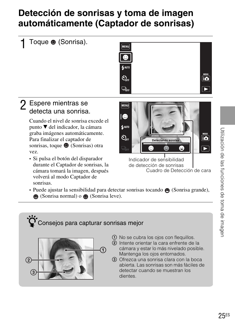 Toque (sonrisa), Espere mientras se detecta una sonrisa | Sony DSC-TX1 User Manual | Page 83 / 116