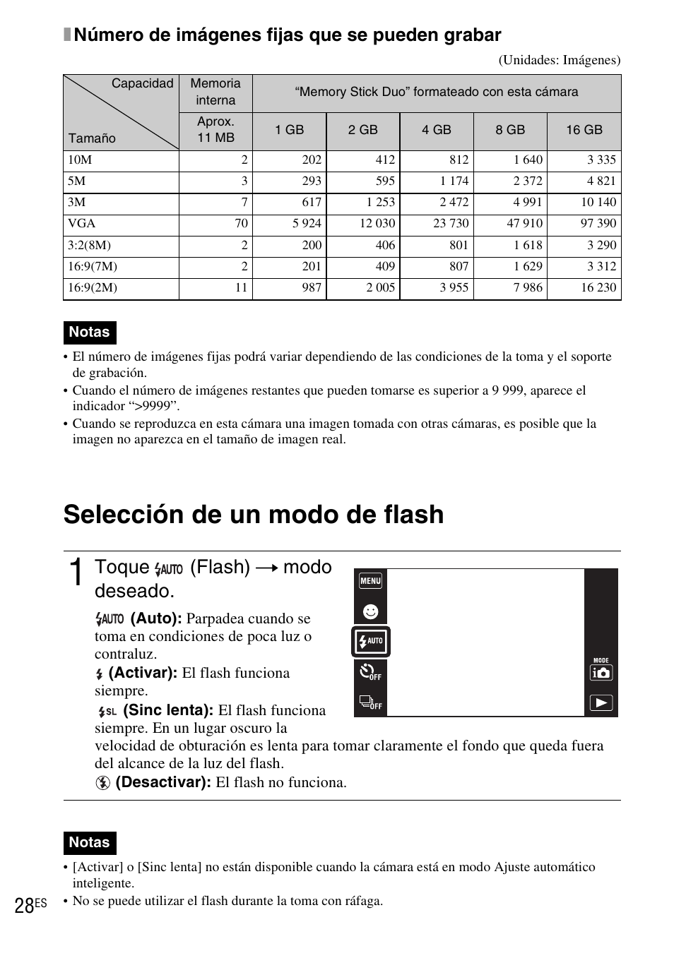 Selección de un modo de flash, Toque (flash) t modo deseado, Xnúmero de imágenes fijas que se pueden grabar | Sony DSC-TX1 User Manual | Page 86 / 116