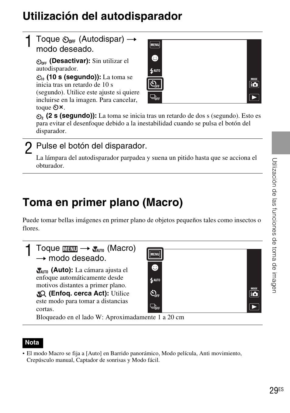 Utilización del autodisparador, Toma en primer plano (macro) | Sony DSC-TX1 User Manual | Page 87 / 116