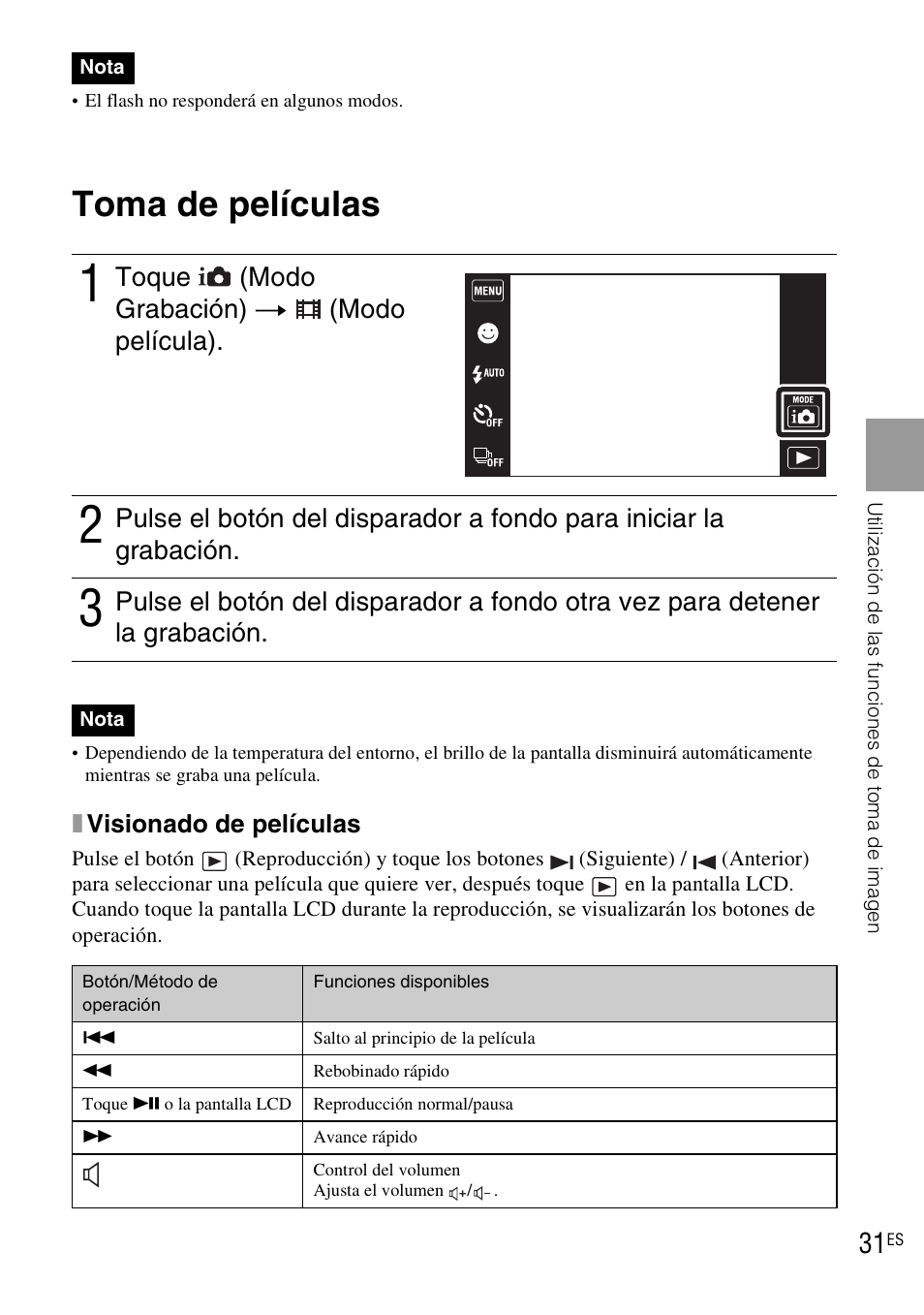 Toma de películas, Toque (modo grabación) t (modo película) | Sony DSC-TX1 User Manual | Page 89 / 116
