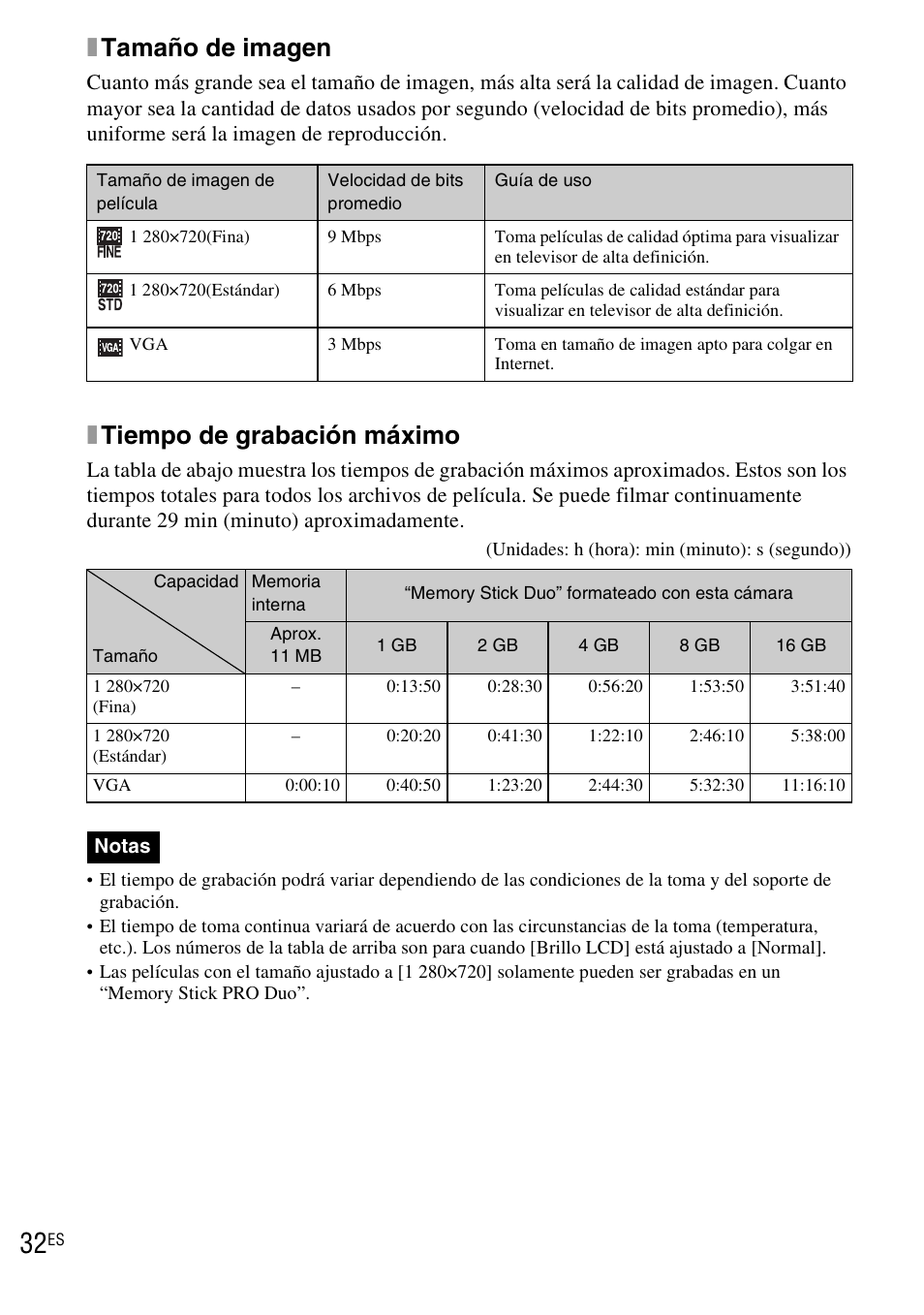 Xtamaño de imagen, Xtiempo de grabación máximo | Sony DSC-TX1 User Manual | Page 90 / 116