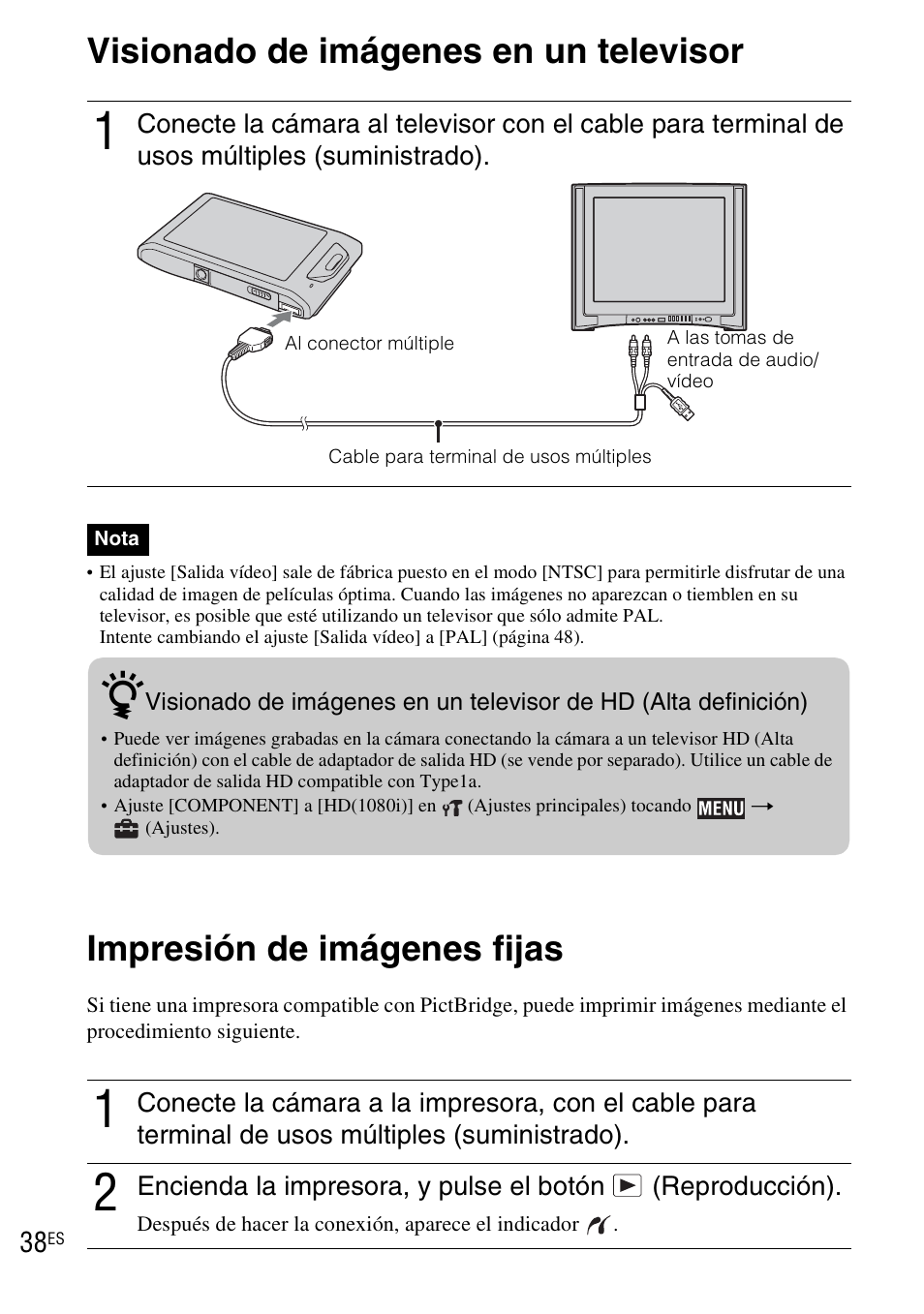 Conexión a otros dispositivos, Visionado de imágenes en un televisor, Impresión de imágenes fijas | Sony DSC-TX1 User Manual | Page 96 / 116