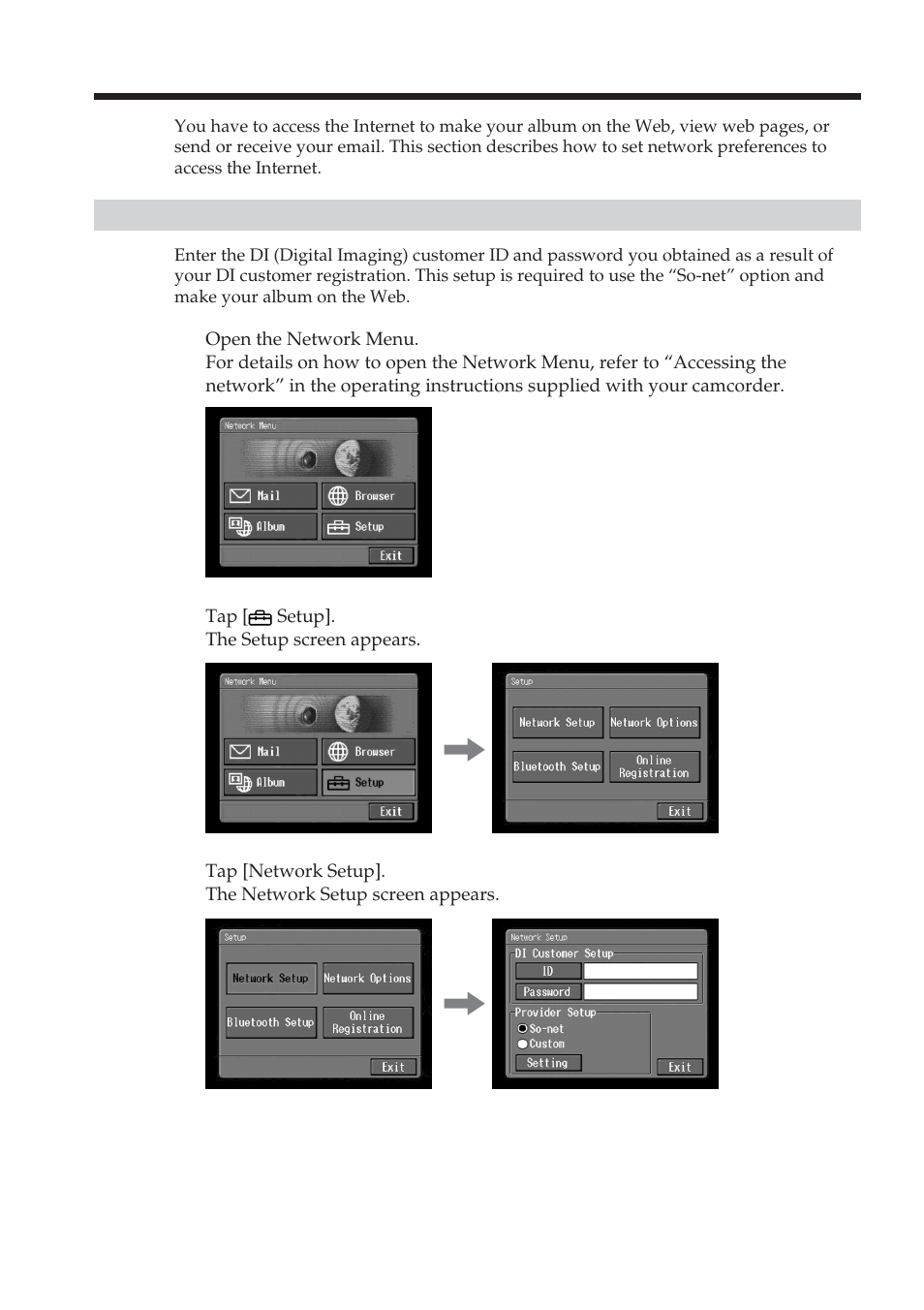 Setting network preferences, Entering your di customer id and password | Sony DCR-IP5 User Manual | Page 34 / 124