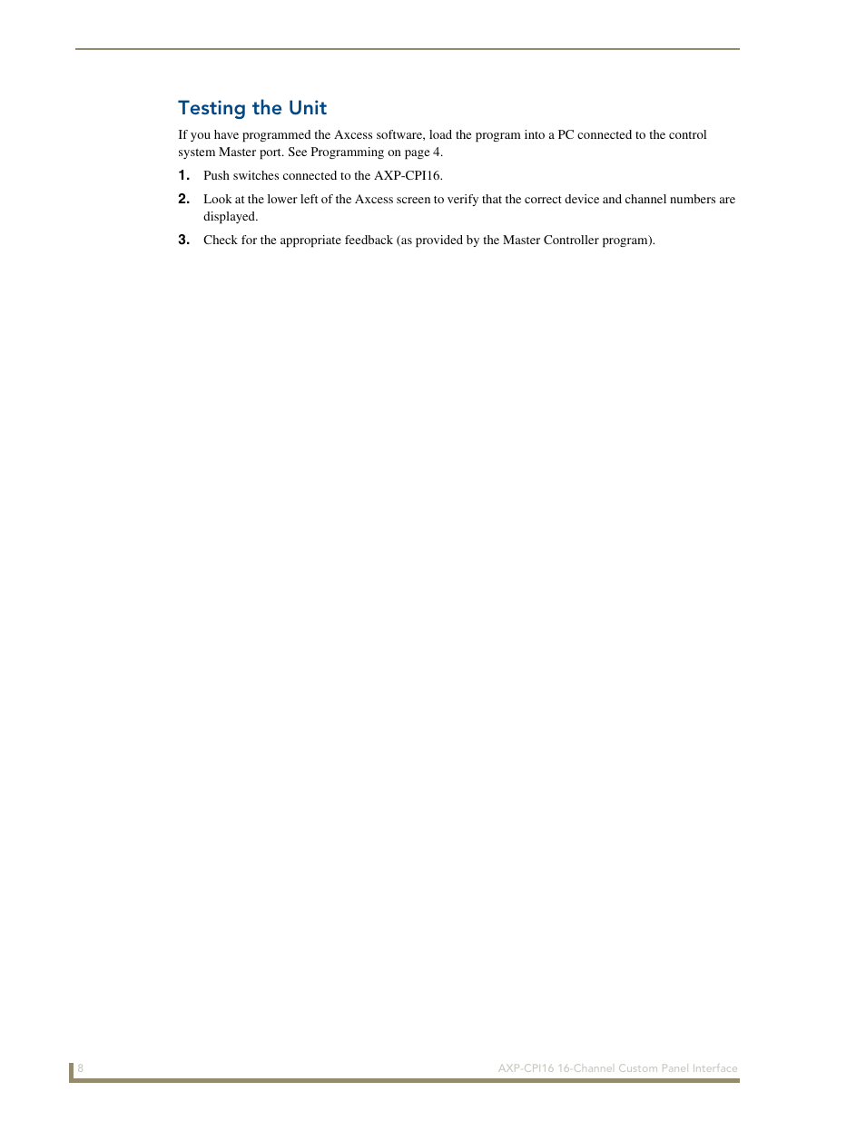 Testing the unit | AMX 16-Channel Custom Panel Interface AXP-CPI16 User Manual | Page 12 / 16