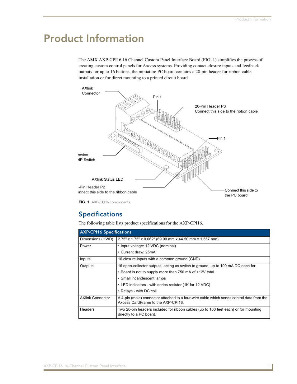 Product information, Specifications | AMX 16-Channel Custom Panel Interface AXP-CPI16 User Manual | Page 5 / 16