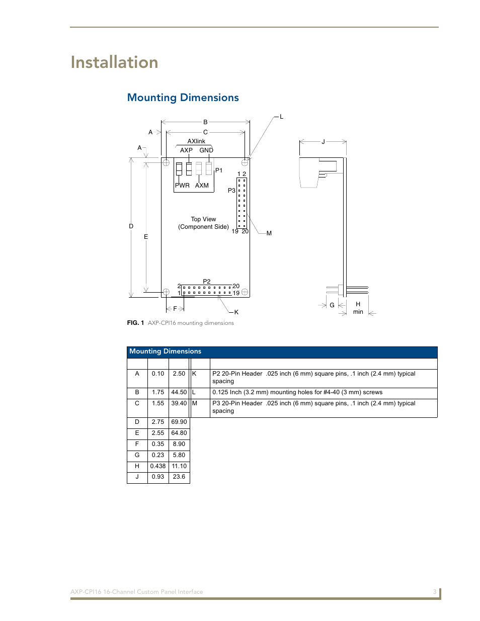 Installation, Mounting dimensions | AMX 16-Channel Custom Panel Interface AXP-CPI16 User Manual | Page 7 / 16