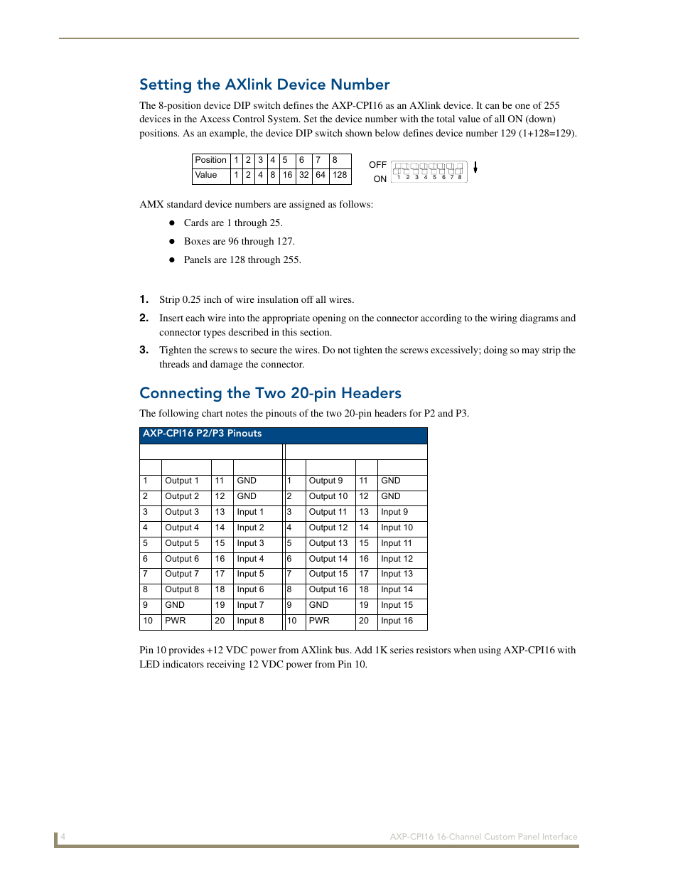 Setting the axlink device number, Preparing/connecting captive wires, Connecting the two 20-pin headers | AMX 16-Channel Custom Panel Interface AXP-CPI16 User Manual | Page 8 / 16