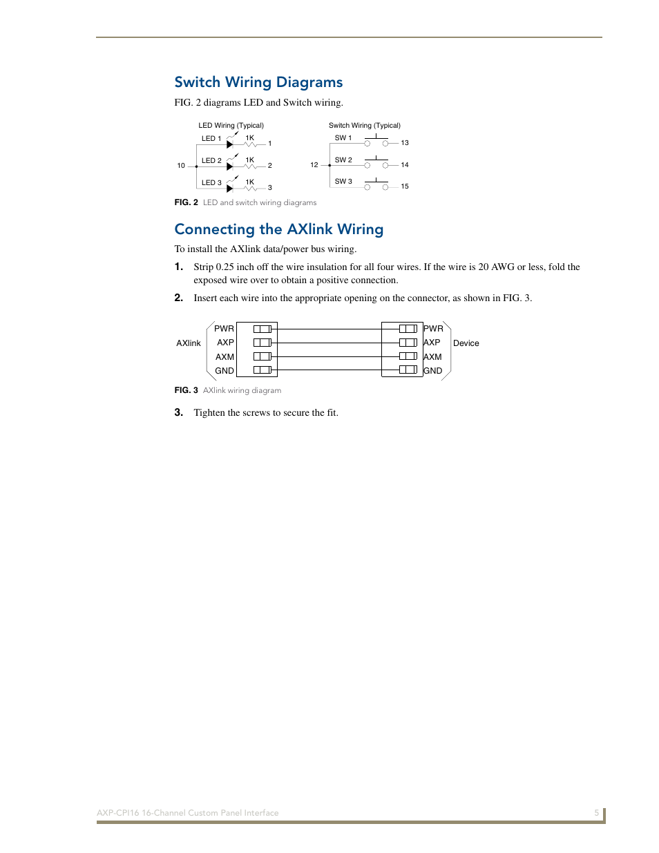 Switch wiring diagrams, Connecting the axlink wiring | AMX 16-Channel Custom Panel Interface AXP-CPI16 User Manual | Page 9 / 16