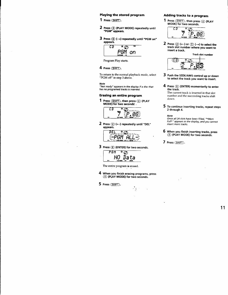 Playing the stored program, Pgm on, Erasing an entire program | L-pgm pll, No bsts | Sony CDX-C8850 User Manual | Page 11 / 52