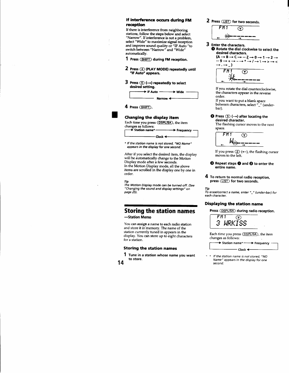 If interference occurs during fm reception, Changing the display item, Storing the station names | Displaying the station name, 3 nrkiss | Sony CDX-C8850 User Manual | Page 14 / 52