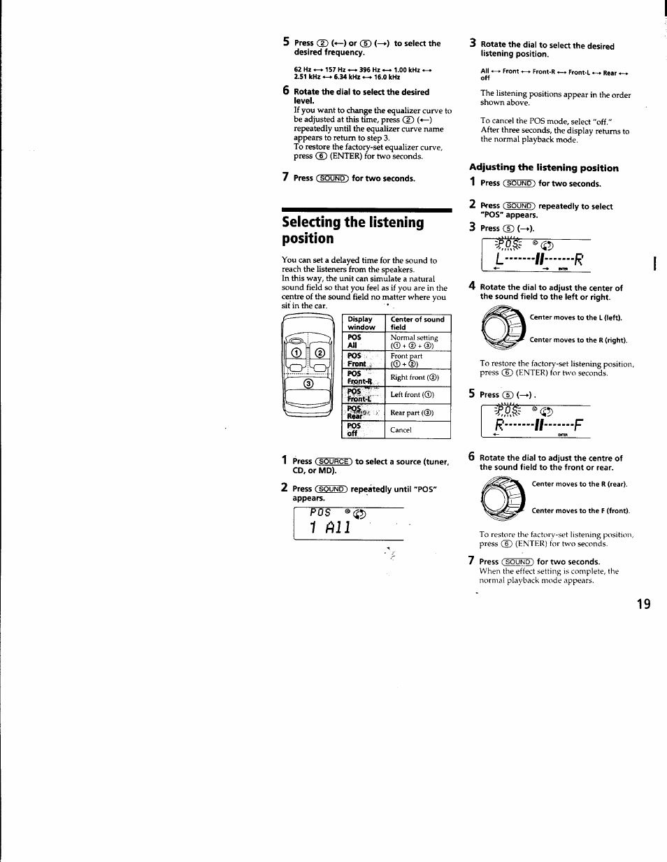 Selecting the listening position, 1 ftll, Adjusting the listening position | Selecting the listening posifion | Sony CDX-C8850 User Manual | Page 19 / 52