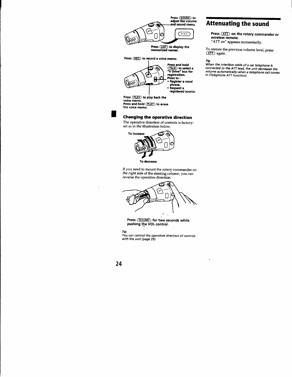Changing the operative direction, Attenuating the sound | Sony CDX-C8850 User Manual | Page 24 / 52