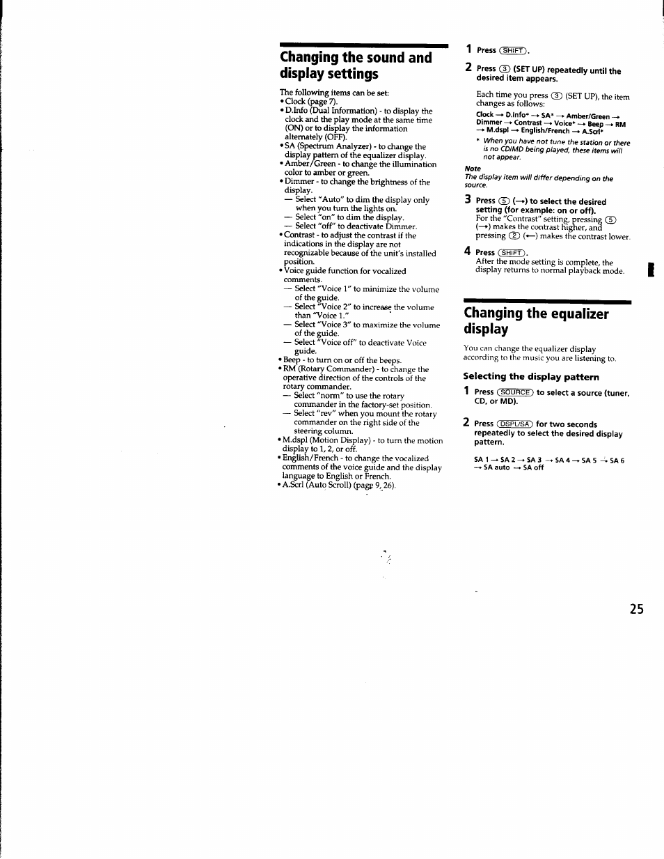 Changing the sound and display settings, Changing the equalizer display, Selecting the display pattern | Sony CDX-C8850 User Manual | Page 25 / 52