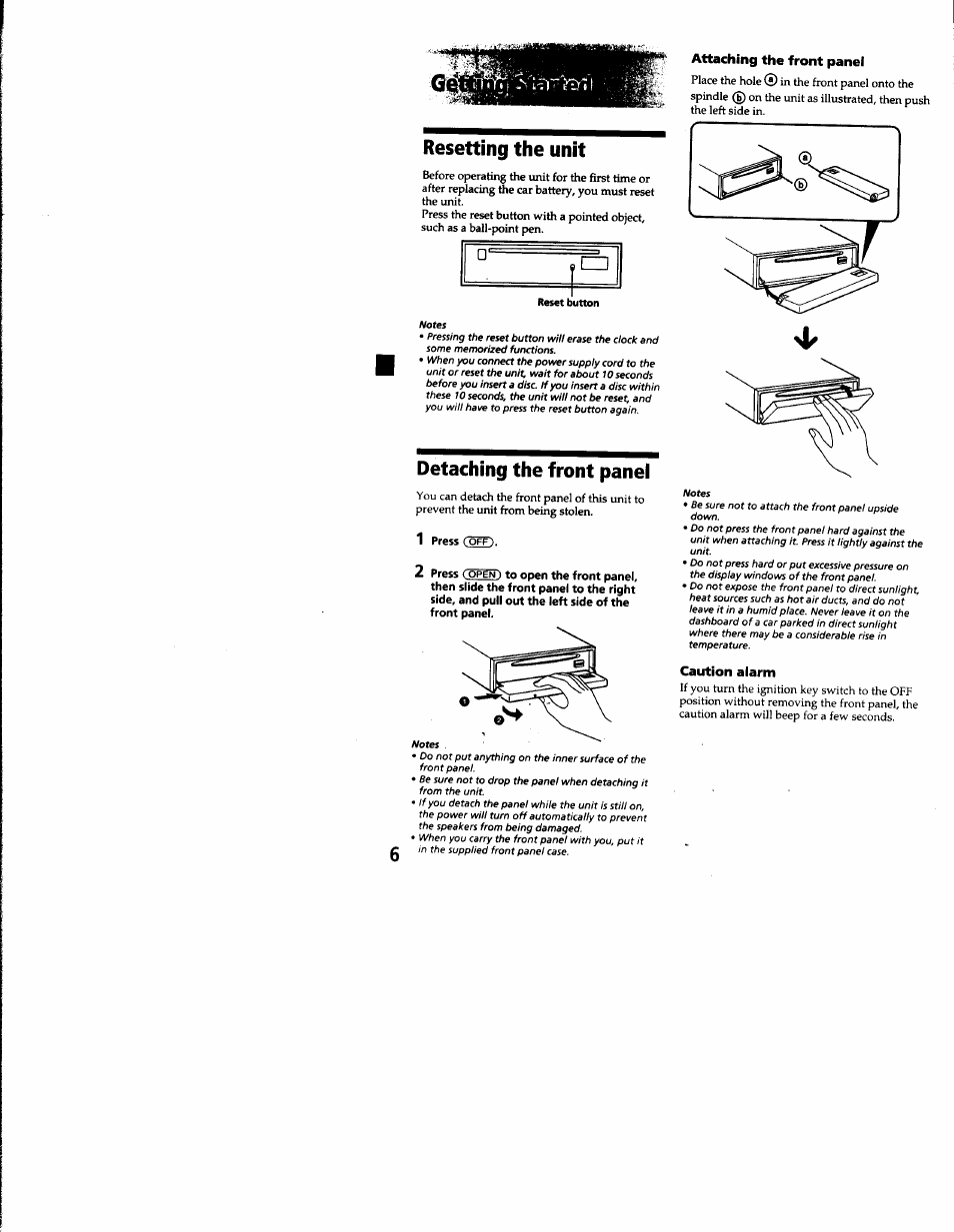 Resetting the unit, Detaching the front panei, Attaching the front panel | Caution alarm, Resetting the unit detaching the front panel | Sony CDX-C8850 User Manual | Page 6 / 52