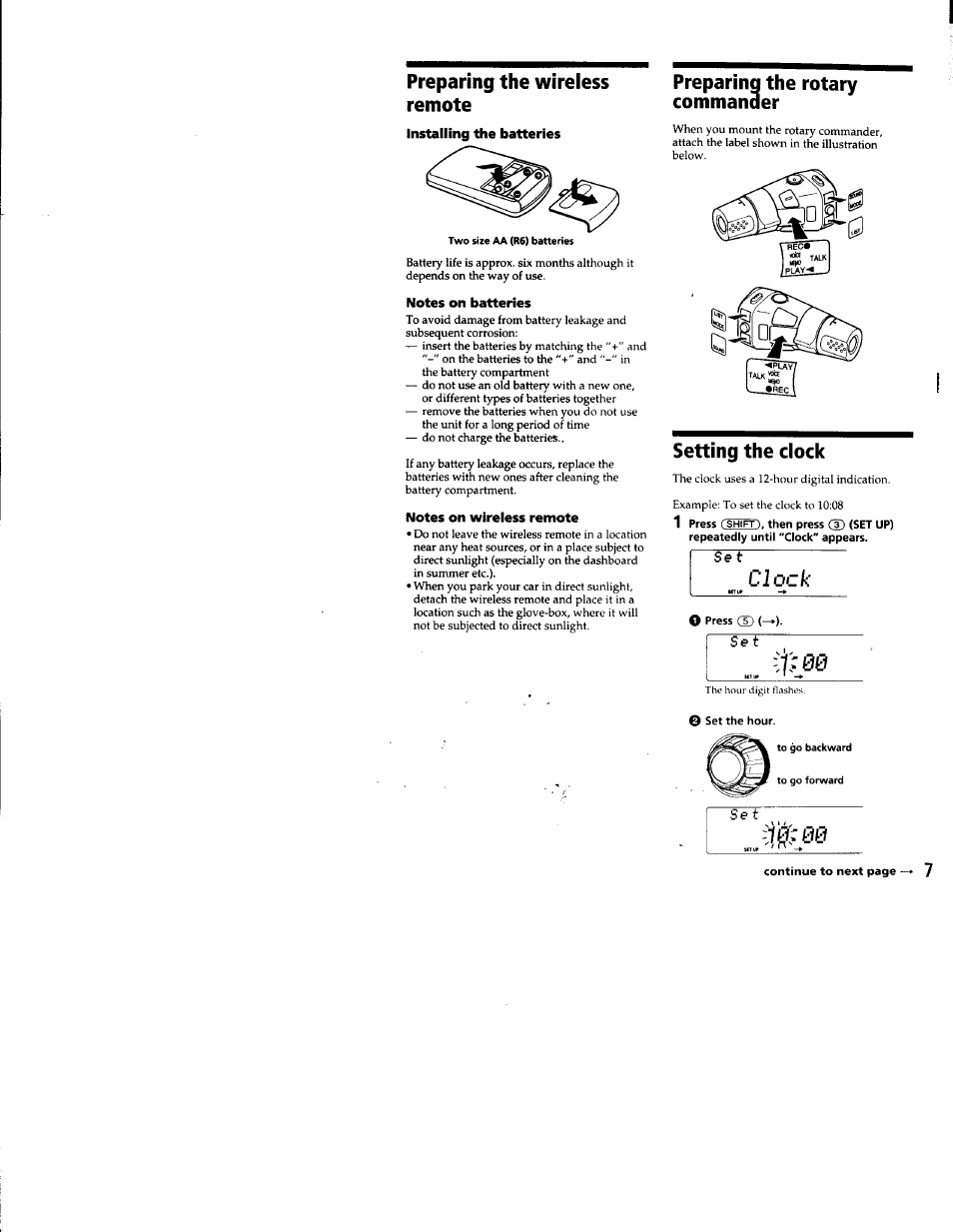 Preparing the wireless remote, Installing the batteries, Notes on batteries | Notes on wireless remote, Preparinq the rotary commander, Setting the clock, Clock, O press ® (-►), O set the hour | Sony CDX-C8850 User Manual | Page 7 / 52