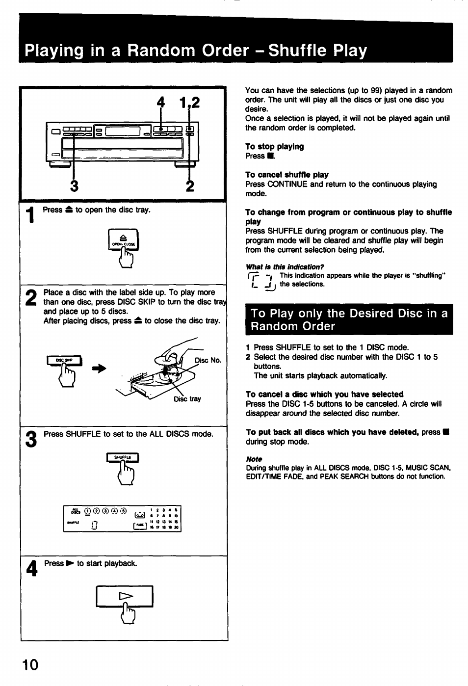 Playing in a random order - shuffle play, Pressi, To play only the desired disc in a random order | Playing in a random order-shuffle play | Sony CDP-C331 User Manual | Page 10 / 18