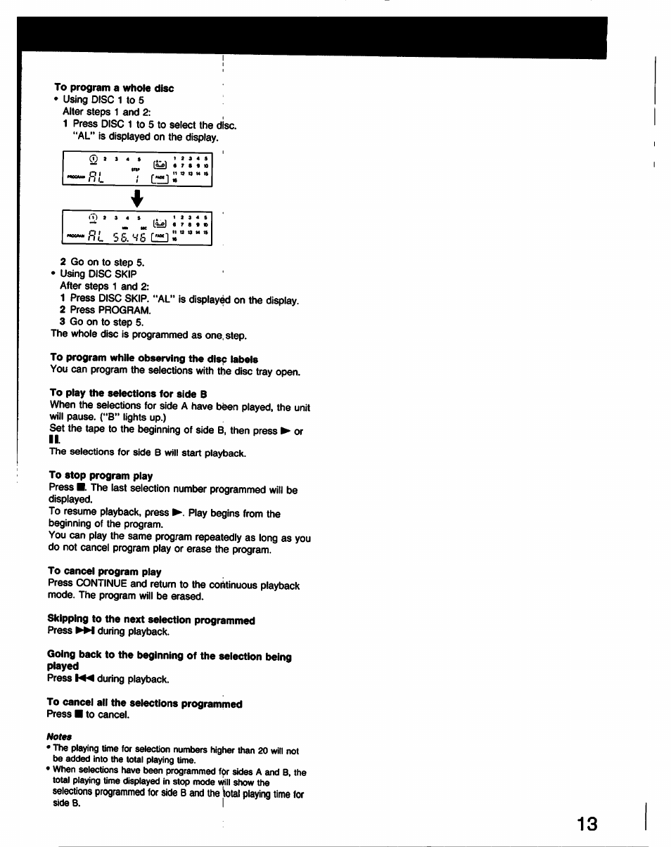 To program a whole disc, To program while observing the disp labels, To play the selections for side b | To stop program play, To cancel program play, Skipping to the next selection programmed, To cancel all the selections programmed | Sony CDP-C331 User Manual | Page 13 / 18