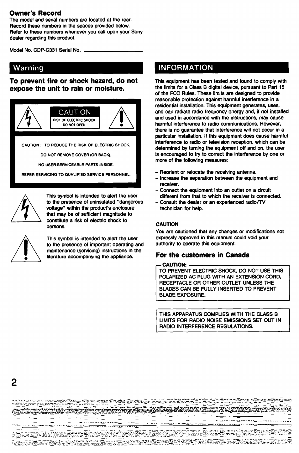 Warning, Information, Owner’s record | For the customers in canada | Sony CDP-C331 User Manual | Page 2 / 18