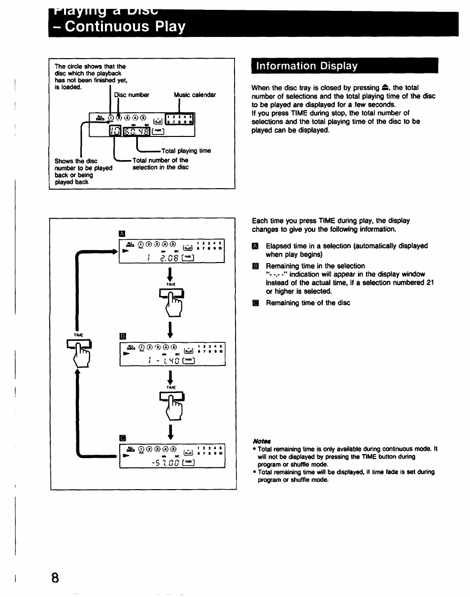 Continuous play, Information display | Sony CDP-C331 User Manual | Page 8 / 18