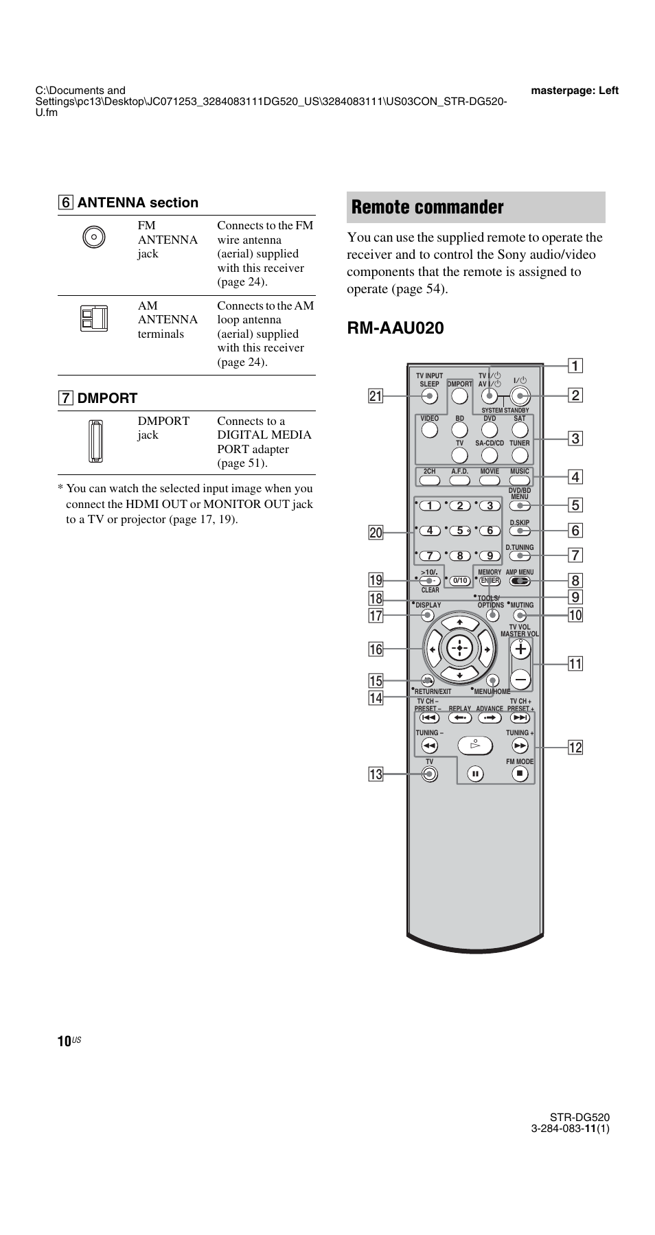 Remote commander, Rm-aau020, G dmport | Sony STR-DG520 User Manual | Page 10 / 64