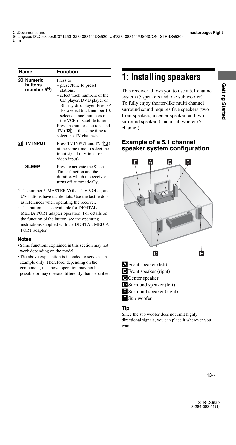 Installing speakers | Sony STR-DG520 User Manual | Page 13 / 64