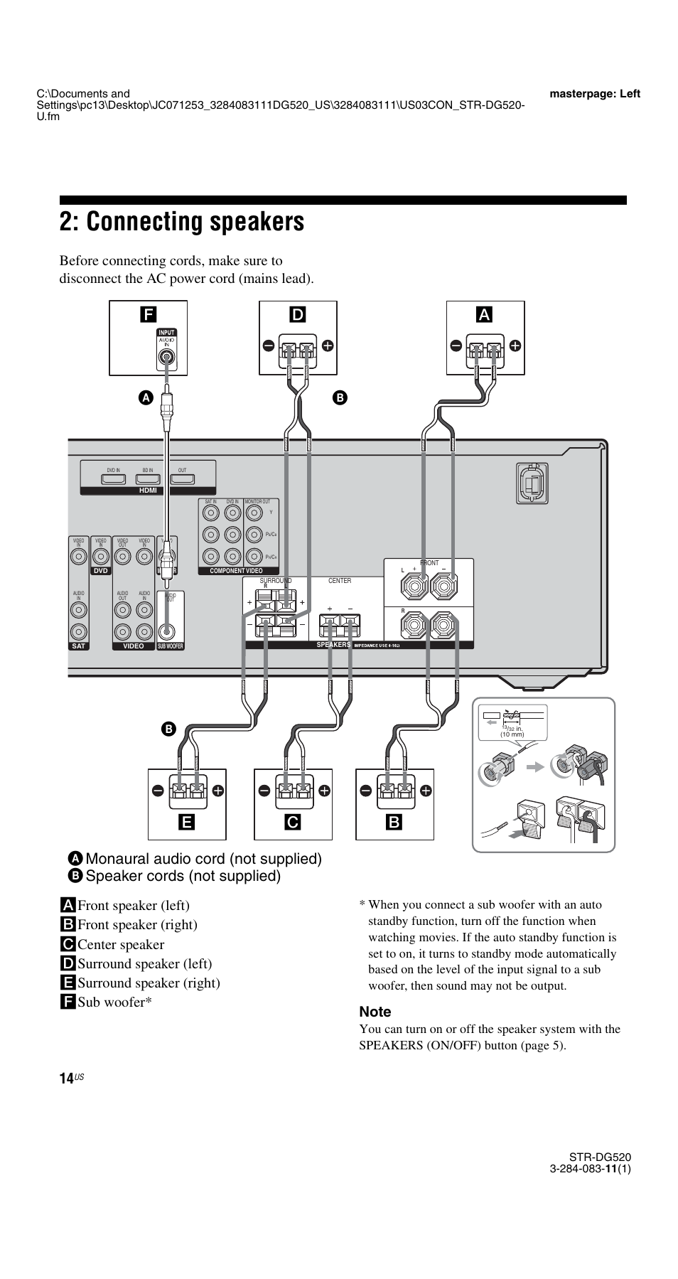 Connecting speakers | Sony STR-DG520 User Manual | Page 14 / 64