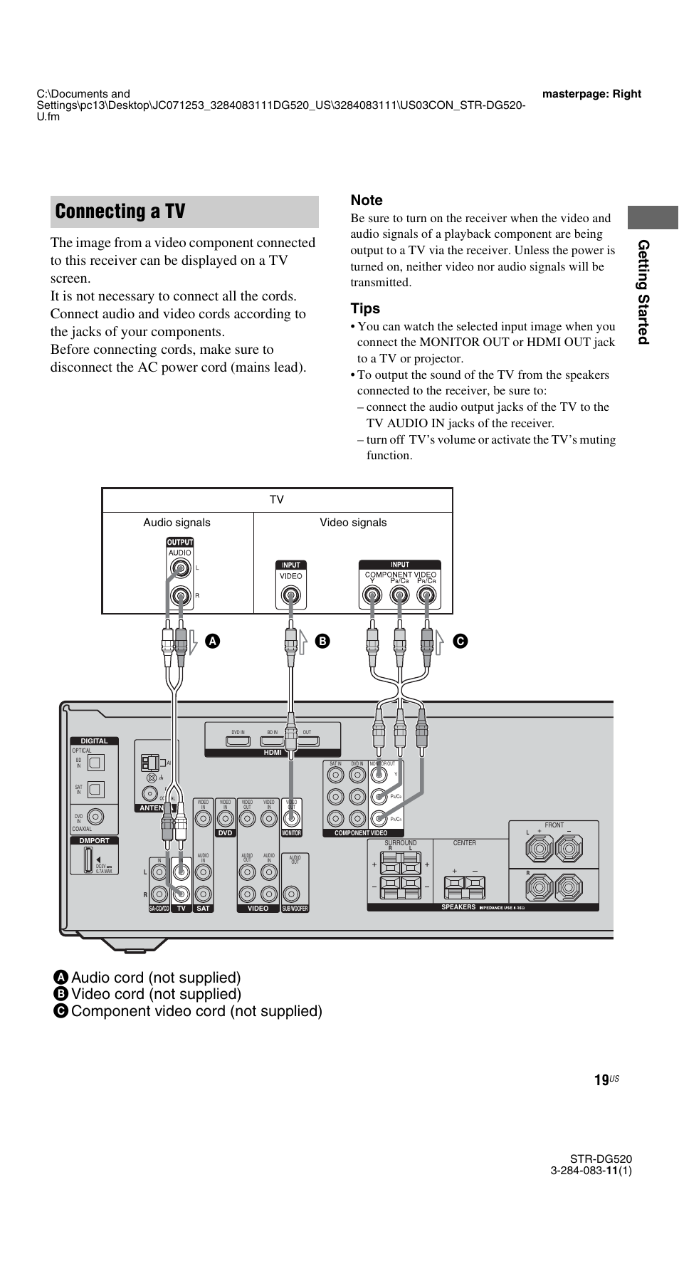 Connecting a tv, Tips, Audio signals video signals | Sony STR-DG520 User Manual | Page 19 / 64