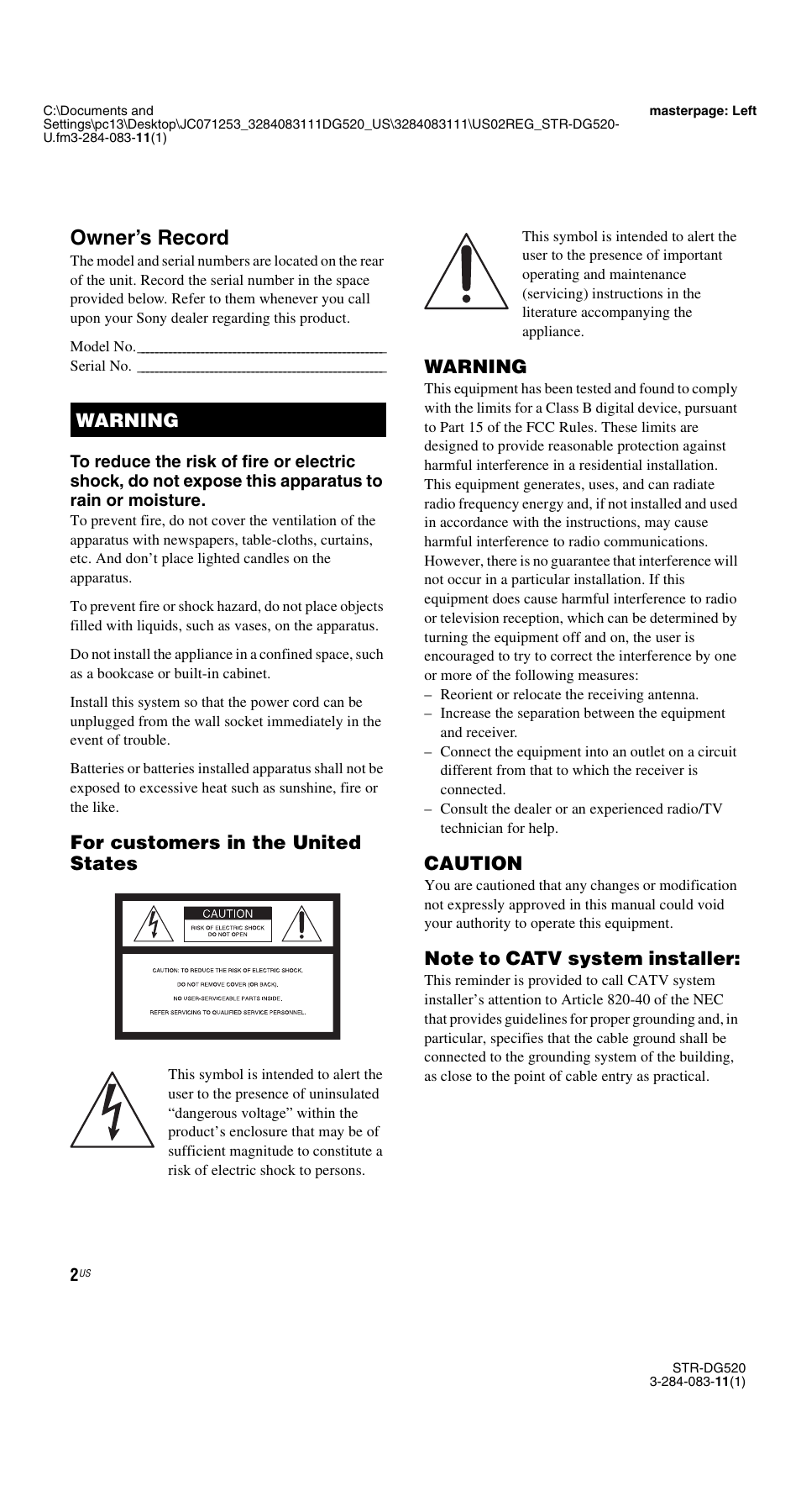 Owner’s record, For customers in the united states, Warning | Caution | Sony STR-DG520 User Manual | Page 2 / 64