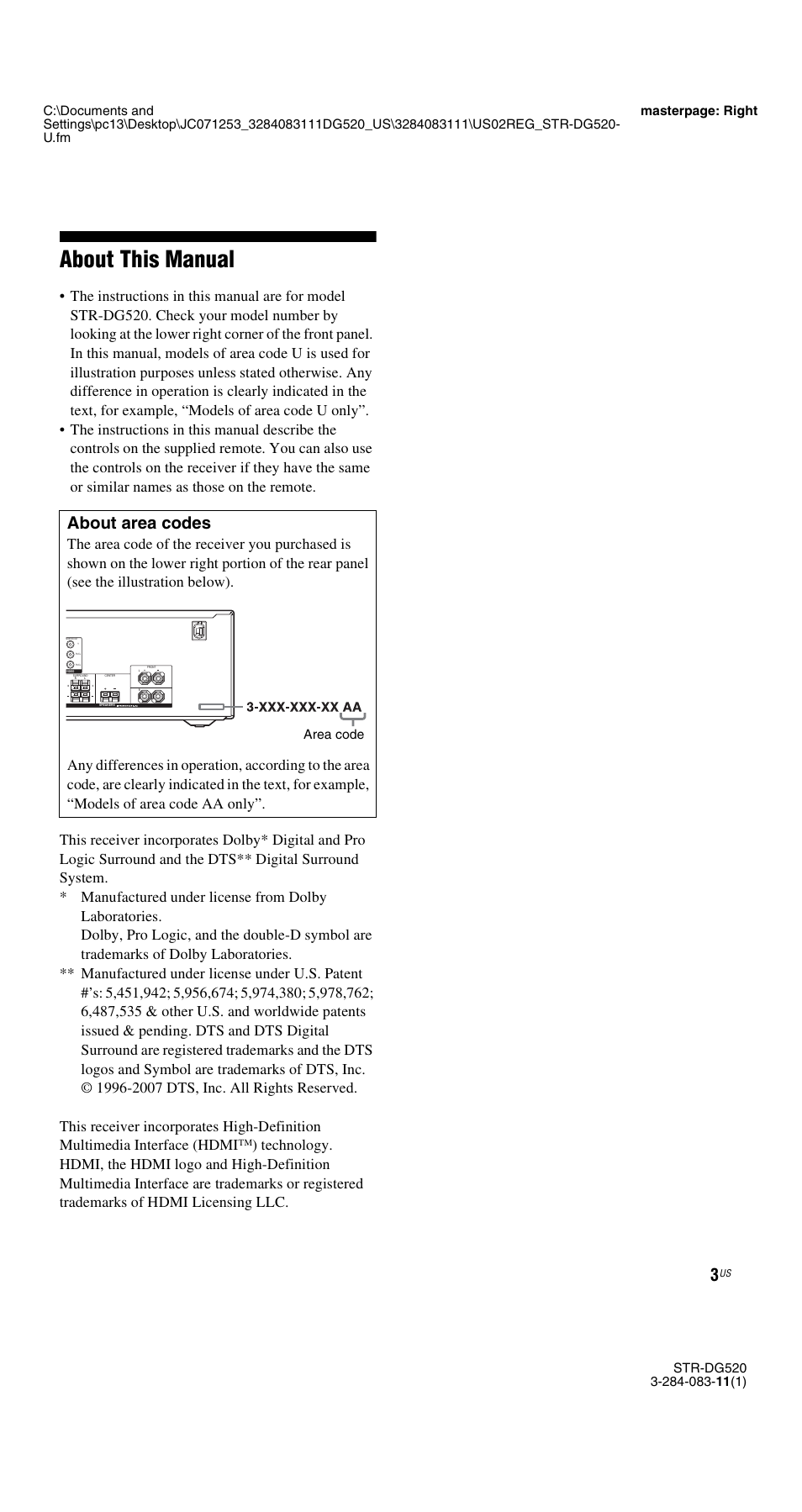 About this manual, About area codes | Sony STR-DG520 User Manual | Page 3 / 64