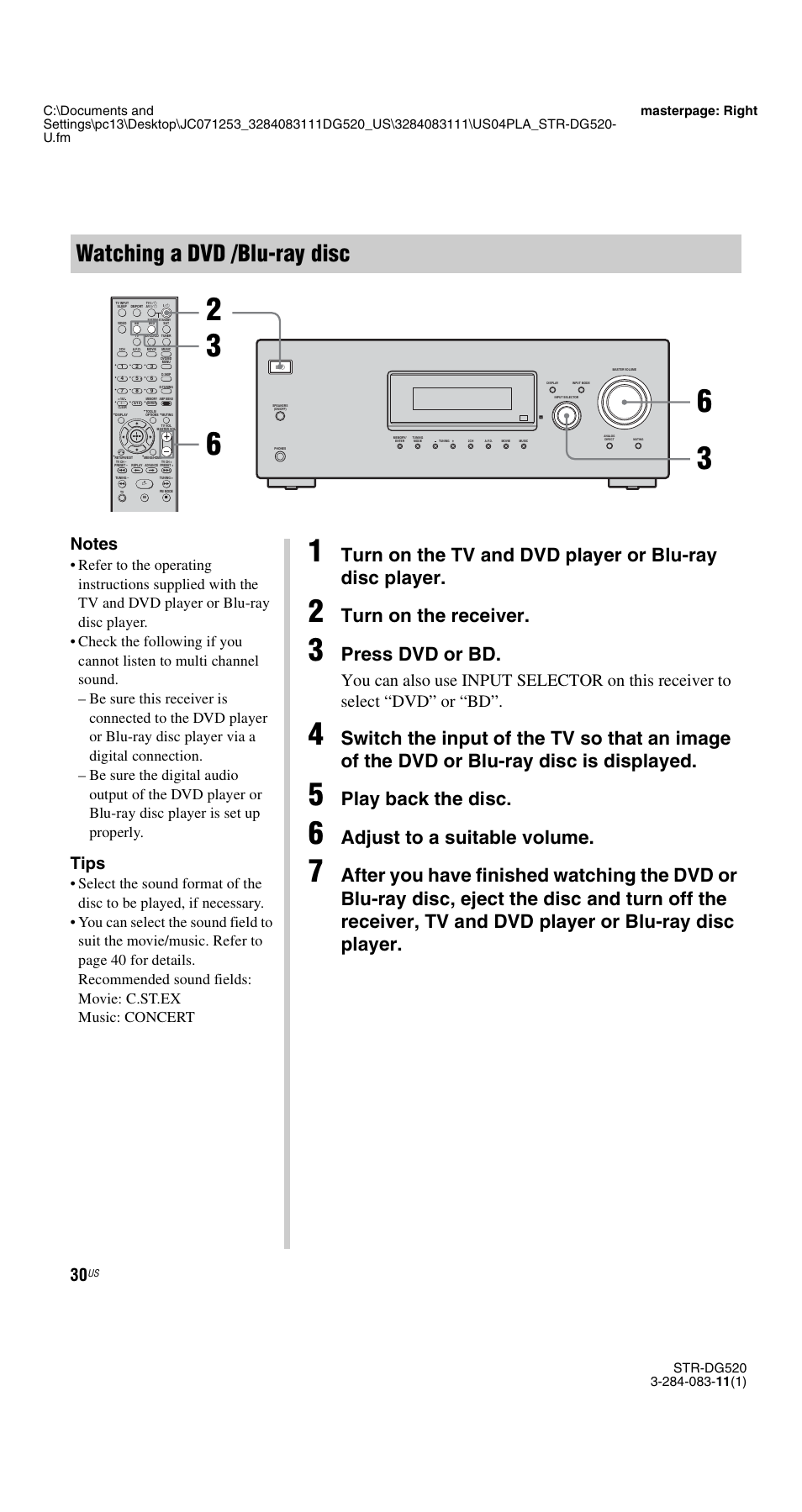 Watching a dvd /blu-ray disc, Turn on the receiver, Press dvd or bd | Play back the disc, Adjust to a suitable volume, Tips | Sony STR-DG520 User Manual | Page 30 / 64