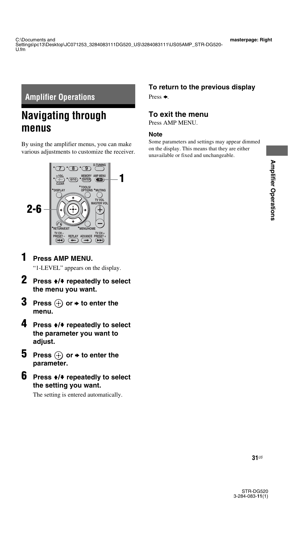 Amplifier operations, Navigating through menus | Sony STR-DG520 User Manual | Page 31 / 64