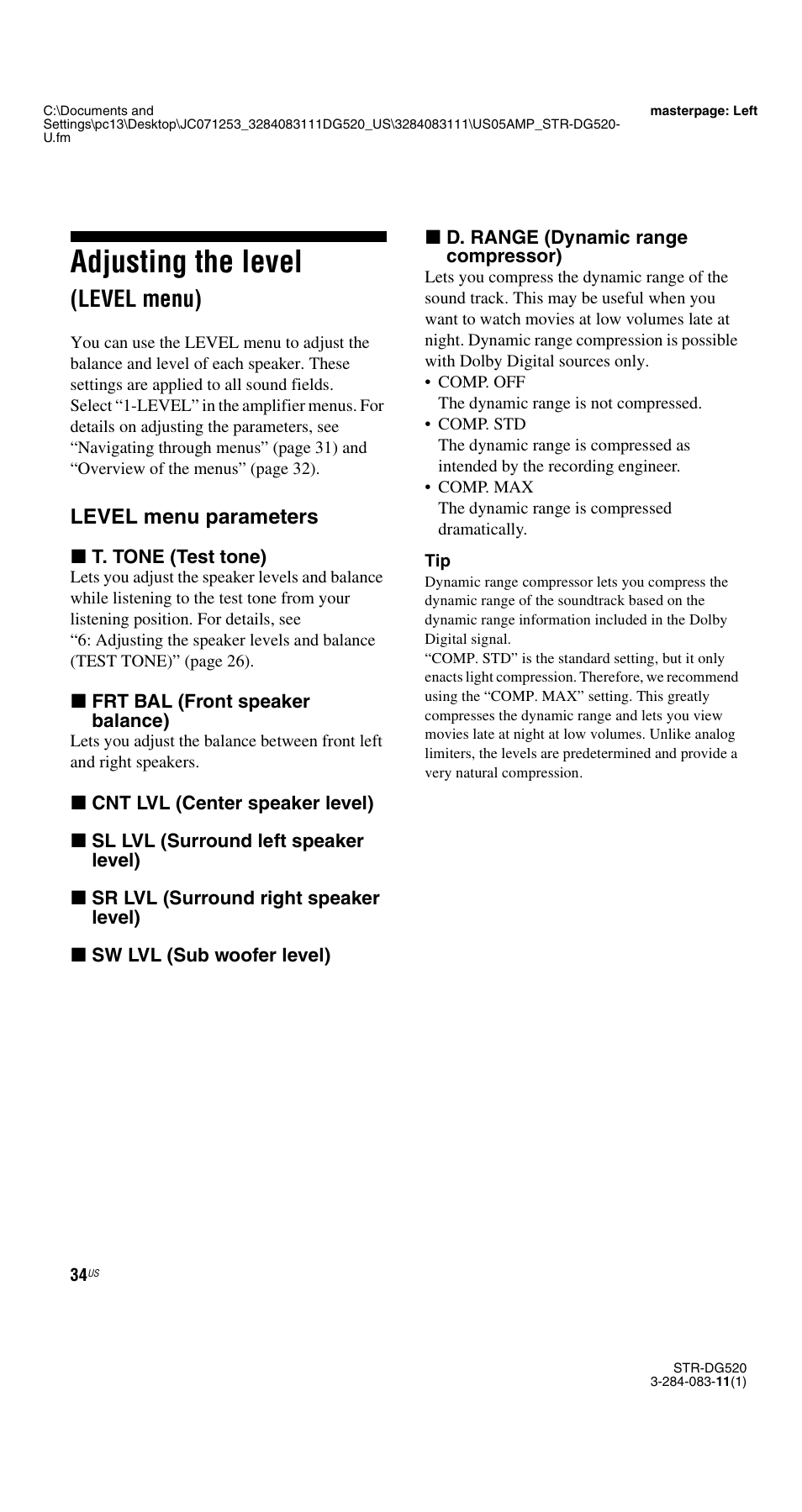 Adjusting the level (level menu), Adjusting the level, Level menu) | Sony STR-DG520 User Manual | Page 34 / 64