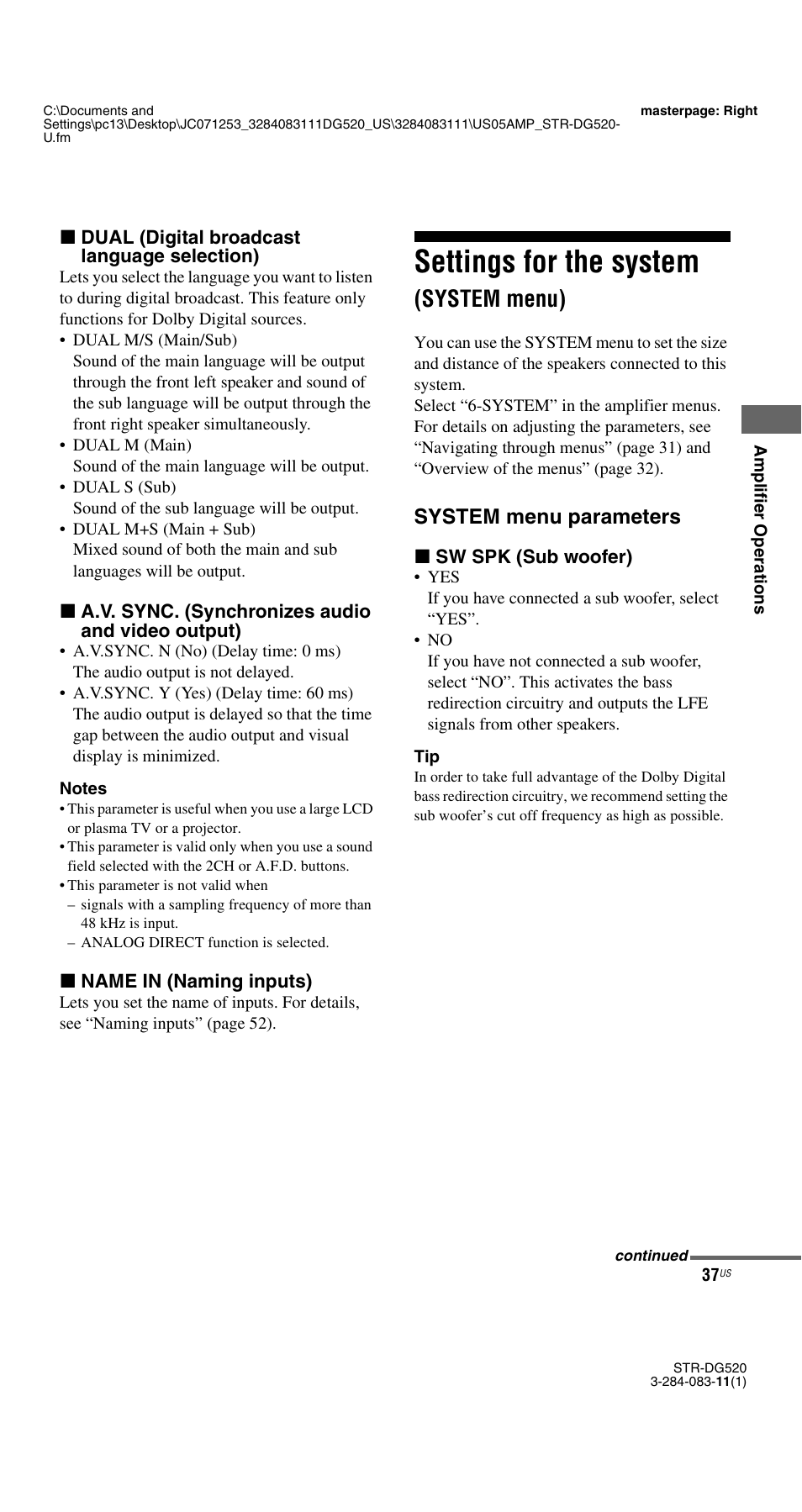 Settings for the system (system menu), Settings for the system, System menu) | System menu parameters | Sony STR-DG520 User Manual | Page 37 / 64