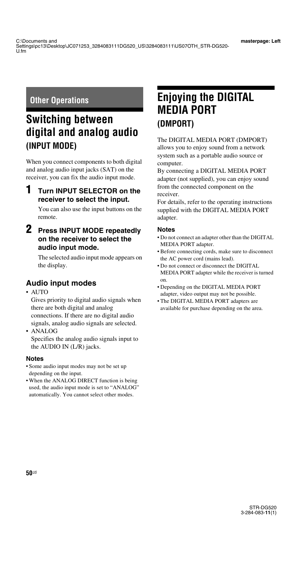 Other operations, Enjoying the digital media port (dmport), Switching between digital and analog audio | Input mode), Enjoying the digital media port, Dmport) | Sony STR-DG520 User Manual | Page 50 / 64